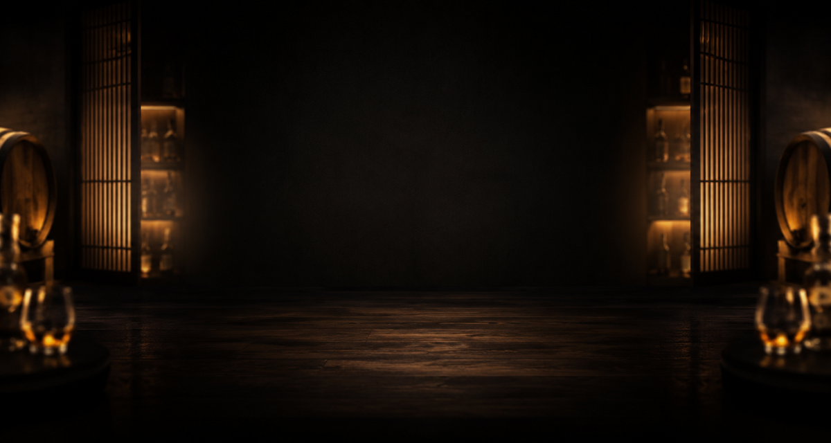 A dark, moody bar or lounge interior with warm amber lighting, vertical slatted screens, and several blurred wine glasses on tables.